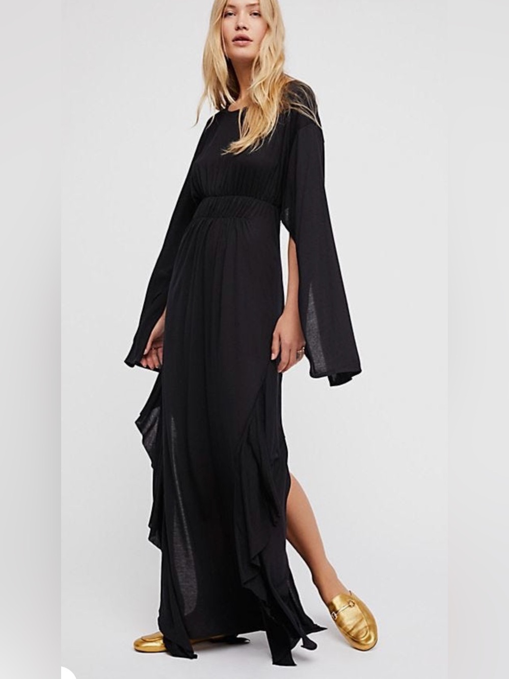 Free People Beach Fantasy Maxi Black Long Sleeve Maxi Bohemian Dress Size L
